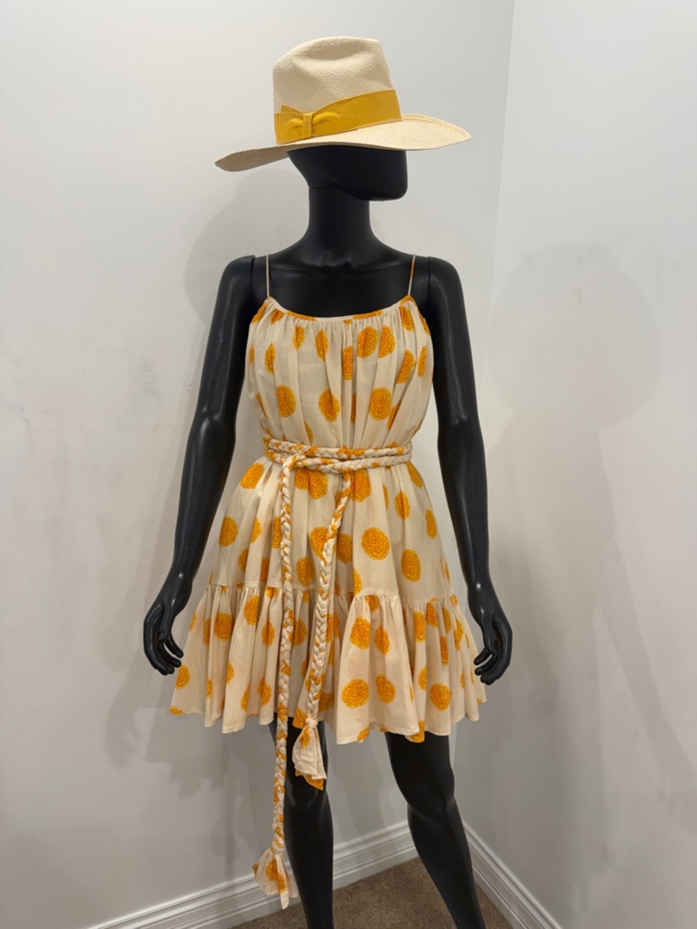 RHODE Resort Mini Dress Yellow Floral Belted Size S Vacation Summer Bergdorf